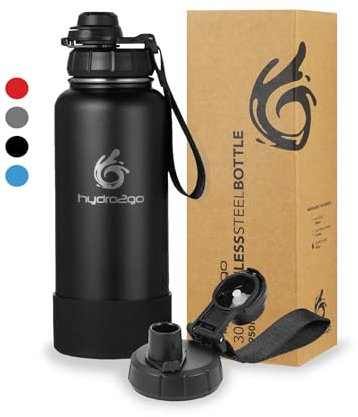 hydro2go Edelstahl-Trinkflasche mit Sportdeckel – BPA-frei, auslaufsicher, isolierte Flasche für Sport und Outdoor, hält Getränke 24 h kalt oder 12 h heiß (Schwarz, 950 ml)