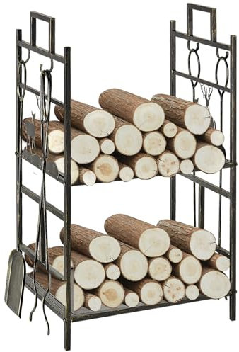 Outsunny Soporte para Leña de Metal de 2 Niveles Estante para Leña con 4 Herramientas y Asas para Chimenea para Interior y Exterior 51,5x33x77 cm Negro Dorado