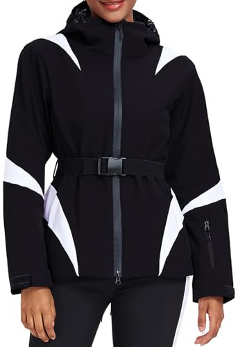 HOTIAN Damen Winterjacke Skijacke Wasserdicht Winddicht Warm Snowboardjacke mit Kapuze Atmungsaktiv Schneejacke Outdoor Kapuzen Windbreaker mit Hüftgürtel Black S