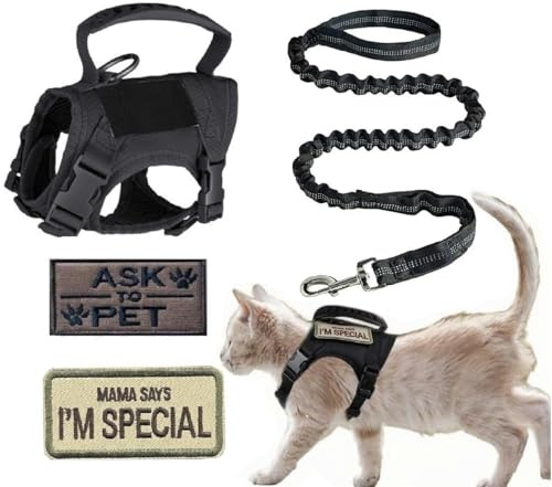 ZHHSUNY tactical cat harness, adjustable pet walking harness with embroidered logo, easy to control, Cat reflective towing rope breathable and anti escape(Black)