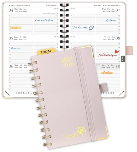 POPRUN Taschenkalender 2025 2026 Klein Ringbuch mit Hardcover, ca. A6 (16 x 10,5 cm) - Kalender 2025 2026 Klein (Aug.2025-Dez.2026) - Wochenplaner mit Vergoldete Schutzecken - Hellrosa