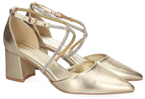 shoes&blues.es 88901 Sandalia de Tacon para Mujer, Comodas y Elegantes, Diseno Moderno con Tiras Brillantes, Puntera Fina y Cierre de Hebilla. Ideales para Eventos. Oro Talla 38