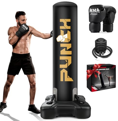 Schwerer Boxsack mit Ständer für Erwachsene, Teenager und Kinder, freistehender aufblasbarer Boxsack mit Handschuhen, Stand-Kickbox-Boxset für Männer und Frauen für Kampfsport, MMA, Heim-Fitnessstudio