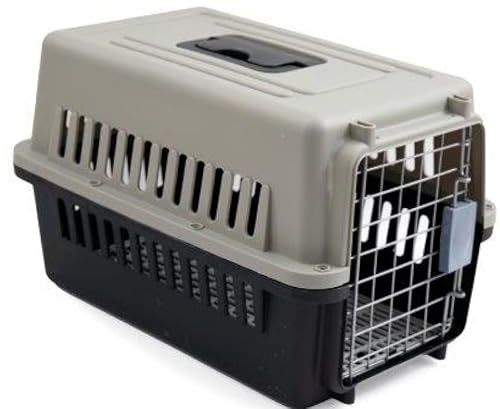 Hyper Mart Pet Travel Carrier, Hard Plastic Transport Crate for Cats and Dogs, 48 x 32 x 30 cm, Grey and Black with removable raised slotted base.