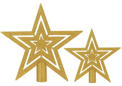 Xyxu Gold Christmas Tree Topper Star Set, 10cm & 15cm – 2-Pack Hollow Glitter Treetop Stars, Sparkly Gold Xmas Tree Decorations, Easy-Fit Tree Top Ornaments for Holiday Home Décor