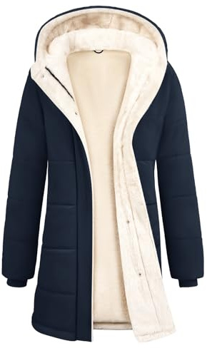 CMTOP Blouson Femme Hiver Polaire Chaude Veste Hydrofuge Coupe-Vent Manteau Long à Capuche Peluche Thermique Matelassée Manteaux Zippé Elegant Parka Outercoat avec Poches(Bleu Marine,M)