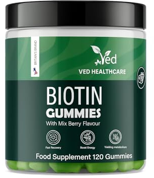 VED Biotin-Gummibärchen 5000 mcg, 120 vegane Gummibärchen mit 7 essentiellen Vitaminen, Beerenmix-Geschmack, Unterstützung für Haare, Haut und Nägel, gentechnikfrei, glutenfrei, vegan, 2Monats-Vorrat.