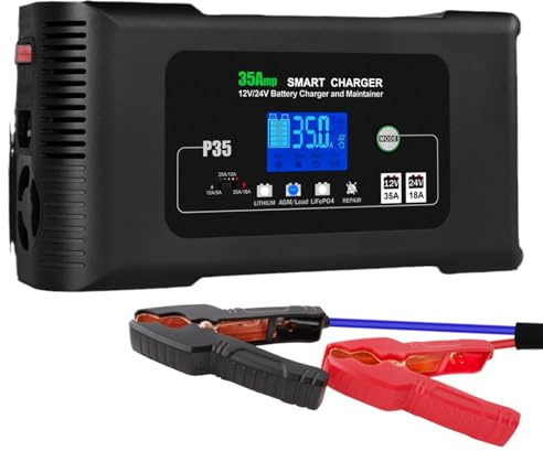 P35 12V/24V 35A Smart bilbatteriladdare och underhållsenhet, 9-stegsladdning för litium, AGM, blysyra, LiFePO4, med batterireparationsfunktion, LCD-display för olika fordon