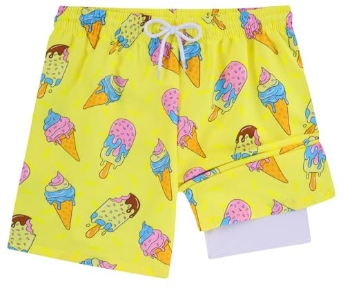 Fanient Little Boys Swim Shorts with Boxer Mesh Liner Quick Dry Swimming Trunks Ice Cream Print Beach Surf Shorts 5-6 Years,6Y