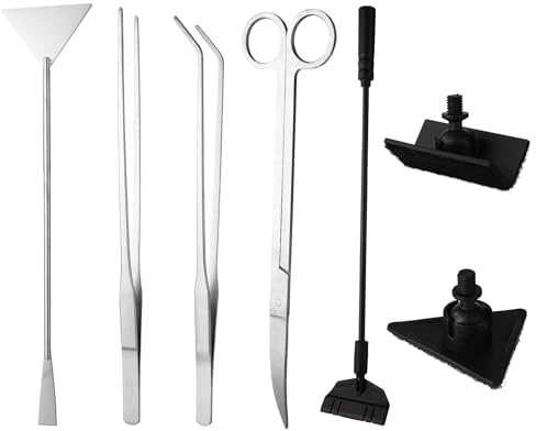 Kit Attrezzi Aquascaping Acquario, Acciaio Inossidabile Attrezzi Piante Acquatiche Pinze Dritte/Curvate Forbici Spatola Raschietto Alghe Teste Sostituzione Lungo Manico Kit Pulizia Vasca Pesci