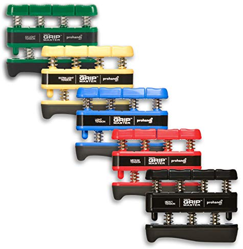 Prohands Gripmaster Handtrainer, Fingertrainer (Handgriffstärker), gefedert, Fingerkolbensystem, isoliert und trainiert jeden Finger, (5er Set) (Grün, Gelb, Blau, Rot, Schwarz)