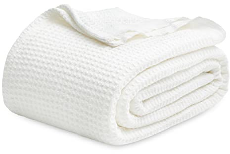 Bedsure Gentlesoft 100% Cotton Blanket King Size for Bed - Cooling Breathable and Soft for Summer, Thick Cozy Waffle Weave Blanket Gifts for Women, White, 104x90 inches