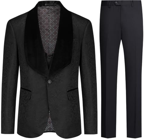 Allthemen herrkostymer 3-delad bal bröllop smoking kostym för män sjal slag en knapp blazer väst byxor, Svart, L