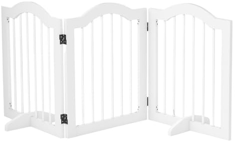 PawHut Barrera de Seguridad para Perros Pequeños Plegable 154,5x61 cm Barrera para Perros en Casa de 3 Paneles con Patas Anchos para Escaleras Pasillos Blanco