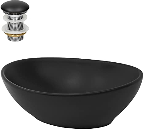 ML-Design Lavabo en Céramique Noir Mat, 41x33,5x14,5 cm, Vasque à Poser Ovale, Moderne, Cuvette avec Bouchon de Vidange sans Trop-Plein Inclus, Lave-Mains Comptoir Élégant, Évier pour Salle de Bain/WC