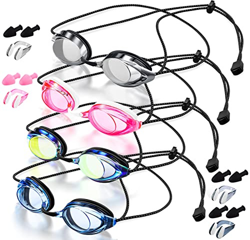 Qeeenar 4 Pairs Swim Goggles for Kids & Adults - Bungee Strap Summer Anti Fog & Leak, Quick Adjust Unisex Goggles with Nose Clips & Earplugs, Aged 8+