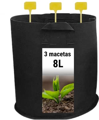 GROWMANIA 3 Bolsas de Cultivo de Tela Negra con Asas - Macetas de 8L de Capacidad para Plantas y Flores Redonda + Etiqueta de Regalo