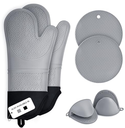 Oven Gloves, Sopito Set of 6 Silicone Oven Mitts 446°F Heat Resistant with Pot Holders for Kitchen Baking Grilling Microwave, Grey