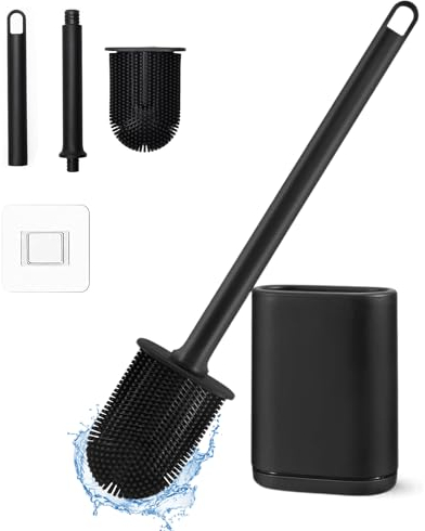 Brosse WC, Brosse Toilette en Silicone avec Support, Brosse de Toilettes Détachable à Manche Long,Montage Mural ou au Sol,séchage,Nettoyage Professionnel en Profondeur pour Salle de Bain (Noir)