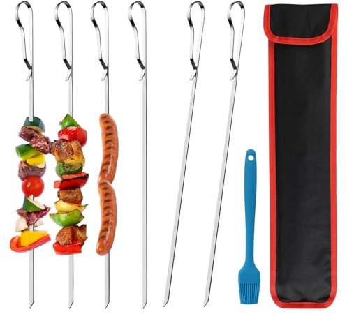 6 Stück Schaschlikspieße Edelstahl, 43cm Robustes Grillspieße Set mit Praktishcher Tragetasche, Flacher Fleischspieße Kebab spieße, Silikonölbürste mitgeliefert, Grill-Zubehör für Fleisch, Gemüße