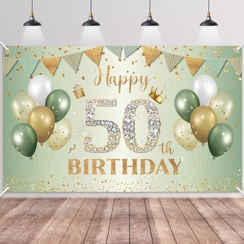 50.Geburtstag Banner Grün Gold,BTZO 50.Geburtstagsbanner,Deko 50 Geburtstag Dekoration Banner Hintergrund für 50 Frauen und Männer Geburtstagsfeier Deko