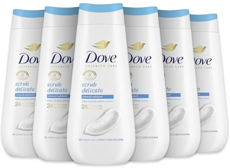 Dove Bagnoschiuma Scrub Delicato, Bagnodoccia Idratante, Formula Delicata sul Microbioma della Pelle, con Agenti Idratanti Vegetali, Senza Solfati SLES, Bagnodoccia Uomo e Donna, 6 Pezzi da 225 ml