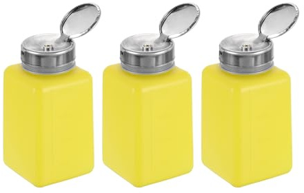 sourcing map 3pcs Solvent Alcohol Dispenser 200ml(6.8oz) Nail Polish Remover Push Down Liquid Dispenser Pump Bottle with Stainless Steel Press Head for Acetone Solution, Yellow