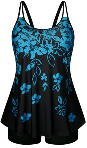 Hanna Nikole Tankini con control de abdomen para mujer, talla grande, traje de baño de dos piezas de cintura alta, traje de baño acampanado, Flores azules, 52 Grande