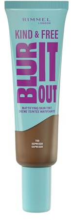 Rimmel London Kind & Free BLUR IT OUT Mattierende Foundation, 705, Espresso, Kontrolle über den ganzen Tag Glanzeffekt, leichtes mattes Finish, 30 ml