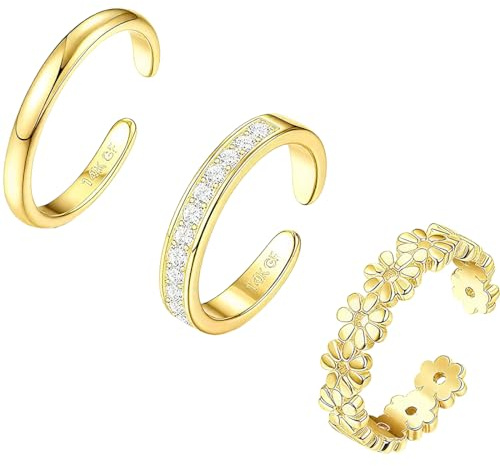 LQIOACU 3 Pièces 14K Or Rempli Anneaux d'orteil pour Femmes Réglable Bague Orteil Bague de Pied Ouvert Bague d'orteil Doigt Anneau Toe Rings Mignon Opale CZ Fleur Anneaux Plage Pied Bijoux