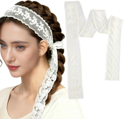 Weißer Spitzen Bindegürtel Damen Bedrucktes Schleifen Gürtel für Kleid Taillengürtel Jeans Gürtel Damen Waist Belt Gemustert Langer Spitzen Haartuch Scarf Stoff Schal Kopftuch Women Damenschal