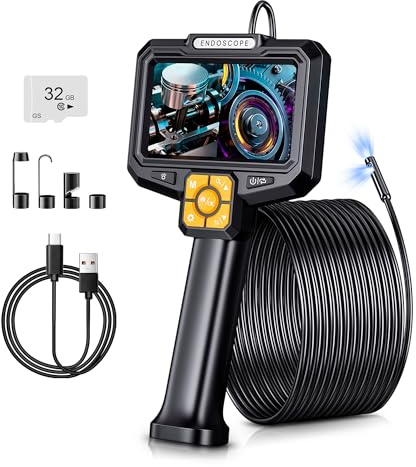 Cámara endoscópica con luz, endoscopio Impermeable IP67, cámara de inspección de Pantalla IPS de 5 Pulgadas, cámara de Tubo HD de 2 MP con 9 LED Ajustables, Cable semirrígido de 10M