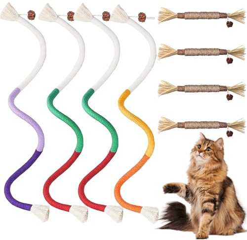 Giochi per Gatti, 4 Corda da Mordere e 4 Bastoncini Erba Gatta, Giocattolo da Masticare, Interattivi Giochi Gatto, Corda Dentale, per La Cura Dentale, Pulire La Bocca, Allevia L'ansia del Gatto