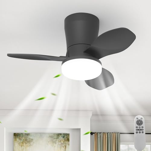 Qcyuui Takfläkt med belysning 65 cm LED, 6 hastigheter tyst, tidsstyrning enkelkontroll med fjärrkontroll för vardagsrum sovrum kök kontor svart vardagsrum, sovrum
