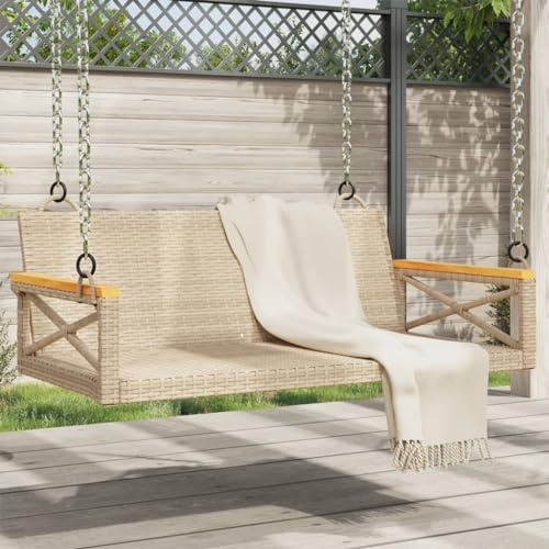 TEKGHUT Banc à bascule beige 109 x 62 x 40 cm en polyrotin avec anneaux de fixation, cadre en acier revêtu par pulvérisation, pour l'extérieur, max. 110 kg par siège