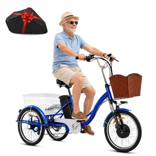 Elektro-Dreirad für Erwachsene, 7-Gang, 3 Fahrmodi, 400 lb Traglast, 20 Fatbike-Reifen, LCD-Display, Scheinwerfer, Kohlenstoffstahl-Rahmen, Fahrradabdeckung
