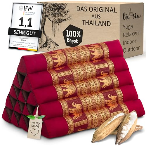 livasia Cuscino Alto con Seta thailandese - 38x55x35cm - Cuscino Triangolare da Giardino/Balcone, Cuscino a Cuneo con kapok, Cuscino per Le Gambe, Fatto a Mano (Rosso/Elefanti Seta)
