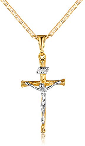 Barzel Cross Necklace for Women & Men 18K Gold Plated Flat Mariner/Marina 060 3MM Chain Necklace With Italian Cross Pendant (Two Tone Cross, 24)