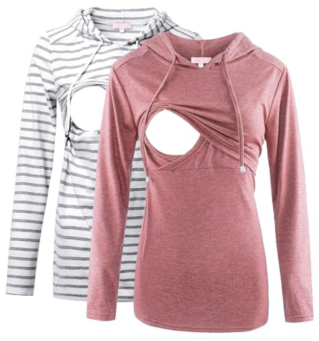 Bhome 2pcs Breastfeeding Shirts Long Sleeve Nursing Tops Ease of Nursing Friendly Comfy Sweatshirt Hoodies Grey Stripe/Rose Red S