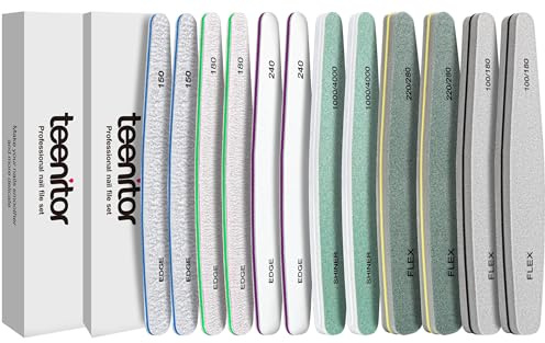 Teenitor 12pcs Nail Files and Buffers, Nail File Nail Buffer Block for Women, Emery Boards for Nails Nail Buffer and Shine Kit, Fingernail Files 100/180 Grit Nail Files for Natural Nails