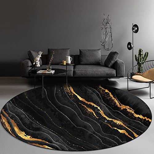 makeups58 Modern Rund Teppich Groß Wohnzimmer Designer In-und Outdoor Teppich Kurzer Plüsch Teppiche Kinderzimmer Runder Teppich Luxus Abstrakt Schwarz Golden,ø 150CM
