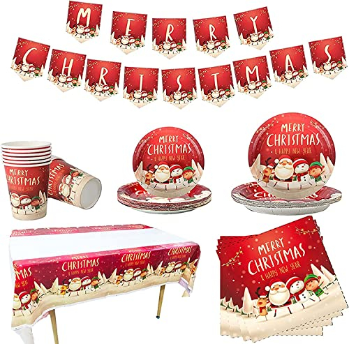 KAHEIGN 118 Pièces Vaisselle de Fête de Noël, 1 x Nappe, 1 x Bannière, 20 x Serviettes, 16 x Tasses, 16 x Assiettes 7 Pouces et 8,6 Pouces, 16 x Couteau, Fourchette et Cuillère de Réutilisables