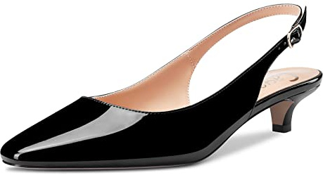 Castamere Femmes Aiguille Bas Kitten Talon Heel Fermé Carré Bout Slingback Escarpins Slip-on 3.5 CM Heels Sandales Dress Cute Chaussures Noir Vernis 44 EU