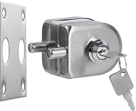 Cerradura de vidrio de doble cara en acero inoxidable 304 plateado,sin perforación,pestillo de suelo para puerta corredera o deslizante de un solo lado,adecuada para vidrio de 10-12mm,incluye 2 llaves