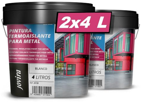 JOVIRA PINTURAS PINTURA TERMOAISLANTE, para Metal al Agua. Especial para Tejados y Naves Industriales (Acero, Galvanizado, Chapa, Metal) (2X4 Litros, Blanco)