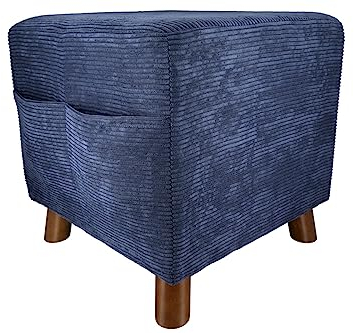 GILDE Polsterhocker im Cord Design blau - Sitzwürfel Hocker mit Holzfüßen - 2 seitliche Taschen für Zeitung Fernbedienung - quadratisch 40 x 40 cm - Höhe 40 cm