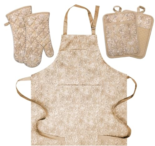 Oven Mitts and Pot Holders with Cooking Apron Set of 5, Heat Resistant Kitchen Gloves and Silicone Non-Slip Potholders, Adjustable Neck Buckle Chef Apron, Cotton Nice Design for Cooking (Tawny)