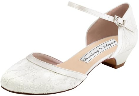 Duosheng & Elegant Ronda Hebilla de Tacón Alto Bombea los Zapatos de Danza de Lace Zapatos de Boda Mujeres Ivory EU 37