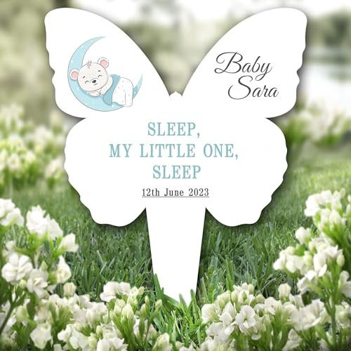 Butterfly Blue Baby Bear White Remembrance Garden Plaque Grave Memorial Stake |Personalised In Loving Memory Remembrance Memorial Plaque Grave Decoration Marker Garden Ground Stake