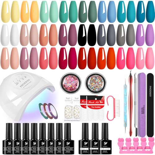 Phoenixy Kit Uñas Semipermanentes, 24 Colores Uñas Semipermanentes Set Completo con 48W Lampara Uñas Semipermanentes, Regalos para Mujeres Kit Manicura Semipermanente